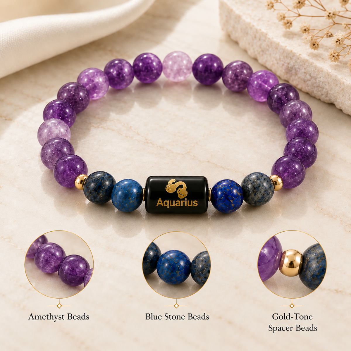 Aquarius Zodiac Amethyst & Blue Stone Bracelet