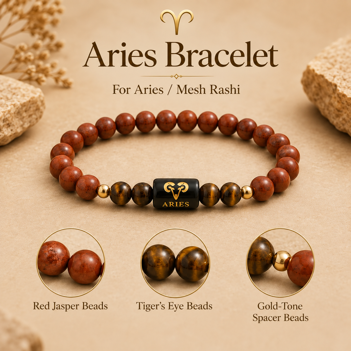 Aries Zodiac Red Jasper & Tiger's Eye Bracelet