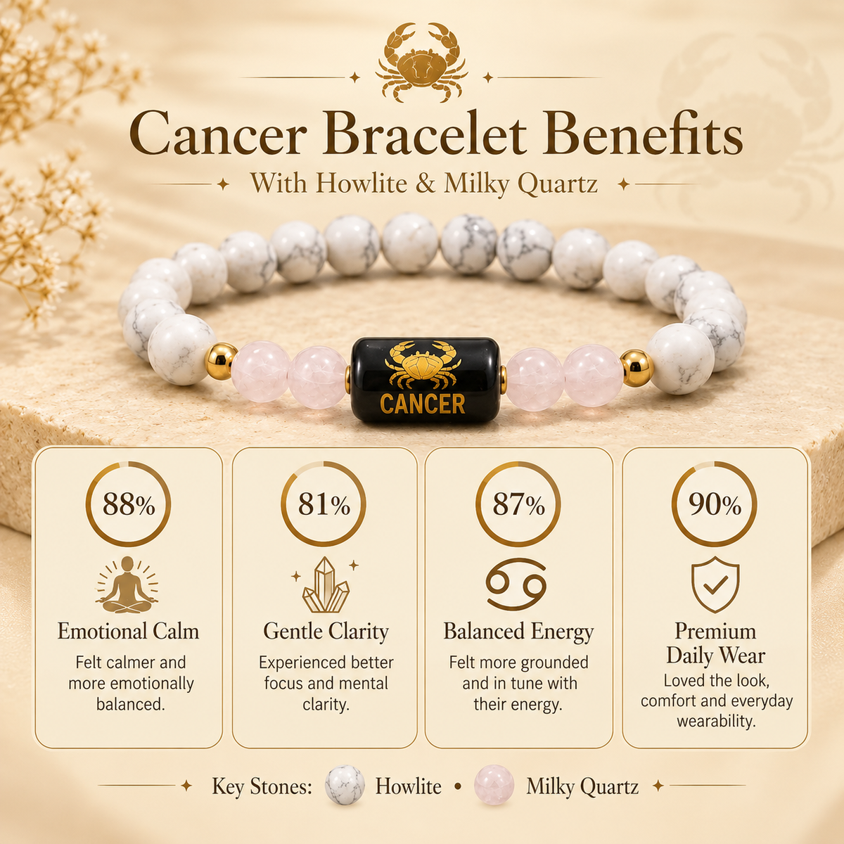 Cancer Zodiac Howlite & Milky Quartz Bracelet