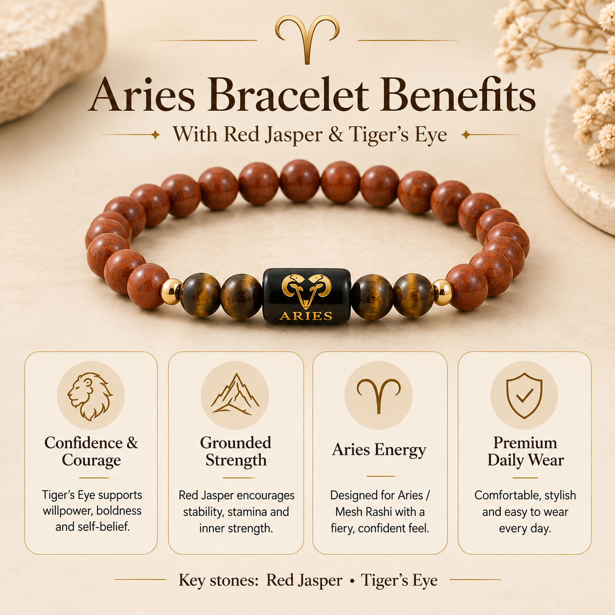 Aries Zodiac Red Jasper & Tiger's Eye Bracelet