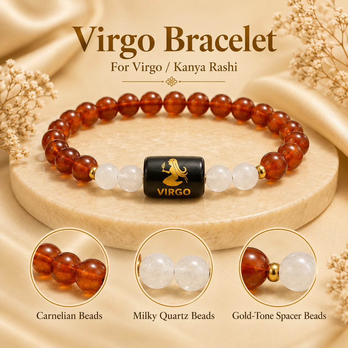 Virgo Zodiac Carnelian & Milky Quartz Bracelet