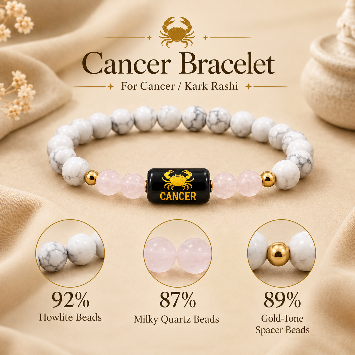 Cancer Zodiac Howlite & Milky Quartz Bracelet