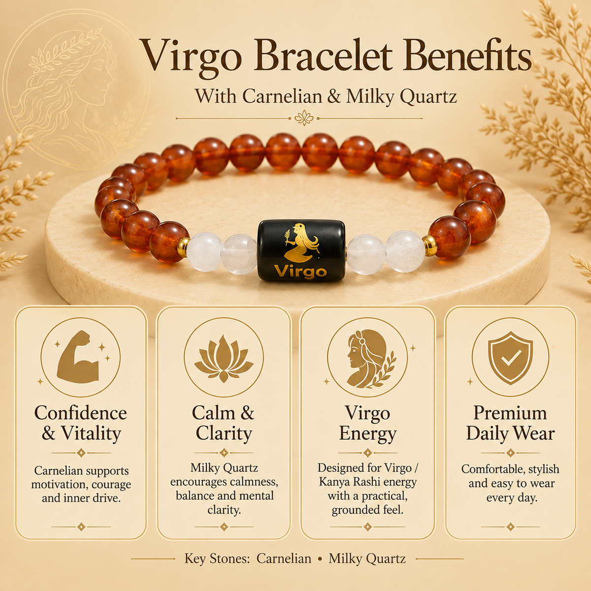 Virgo Zodiac Carnelian & Milky Quartz Bracelet