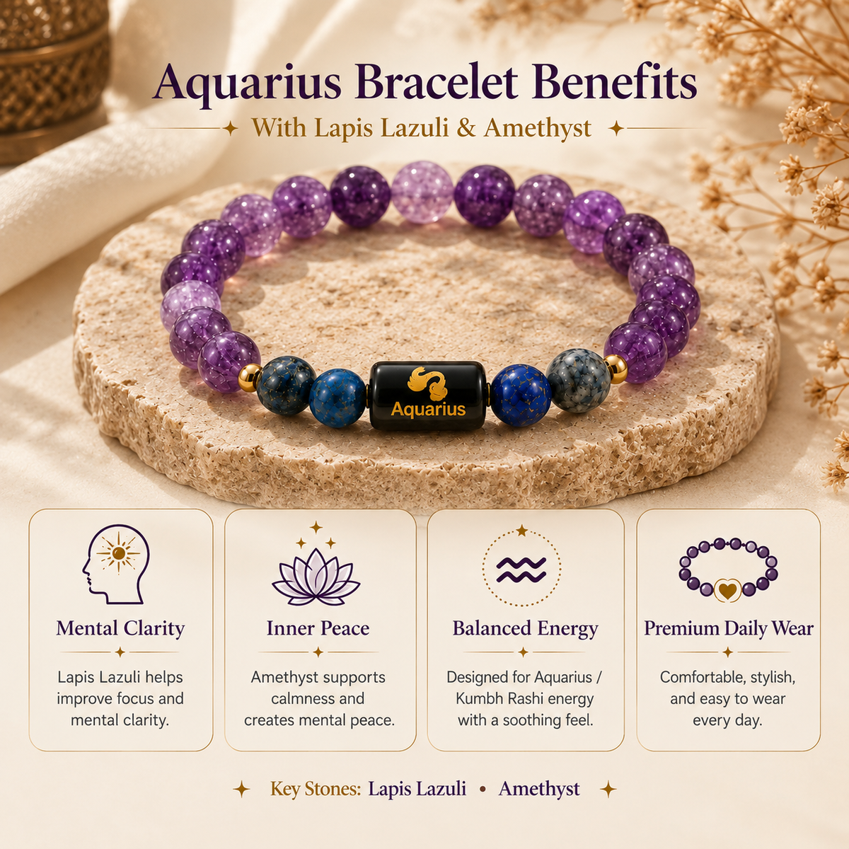 Aquarius Zodiac Amethyst & Blue Stone Bracelet