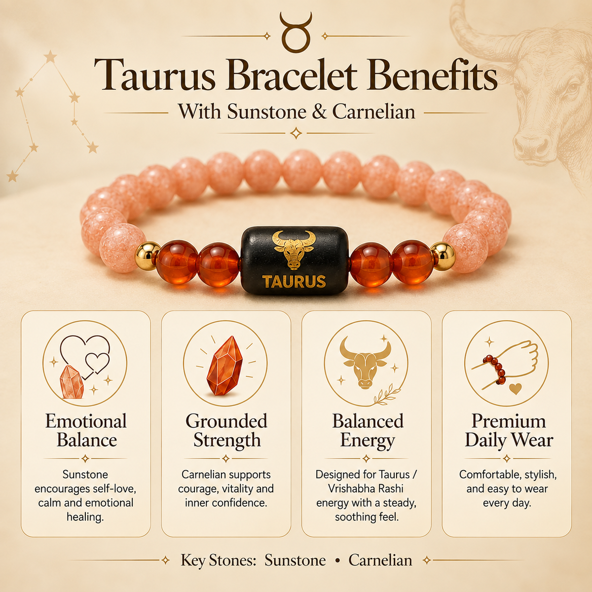 Taurus Zodiac Sunstone & Carnelian Bracelet