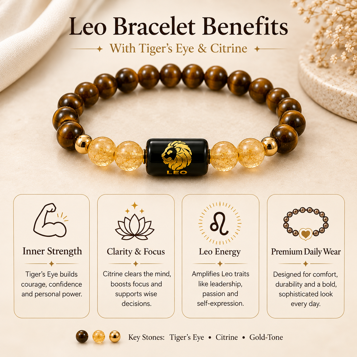 Leo Zodiac Tiger Eye & Citrine Bracelet
